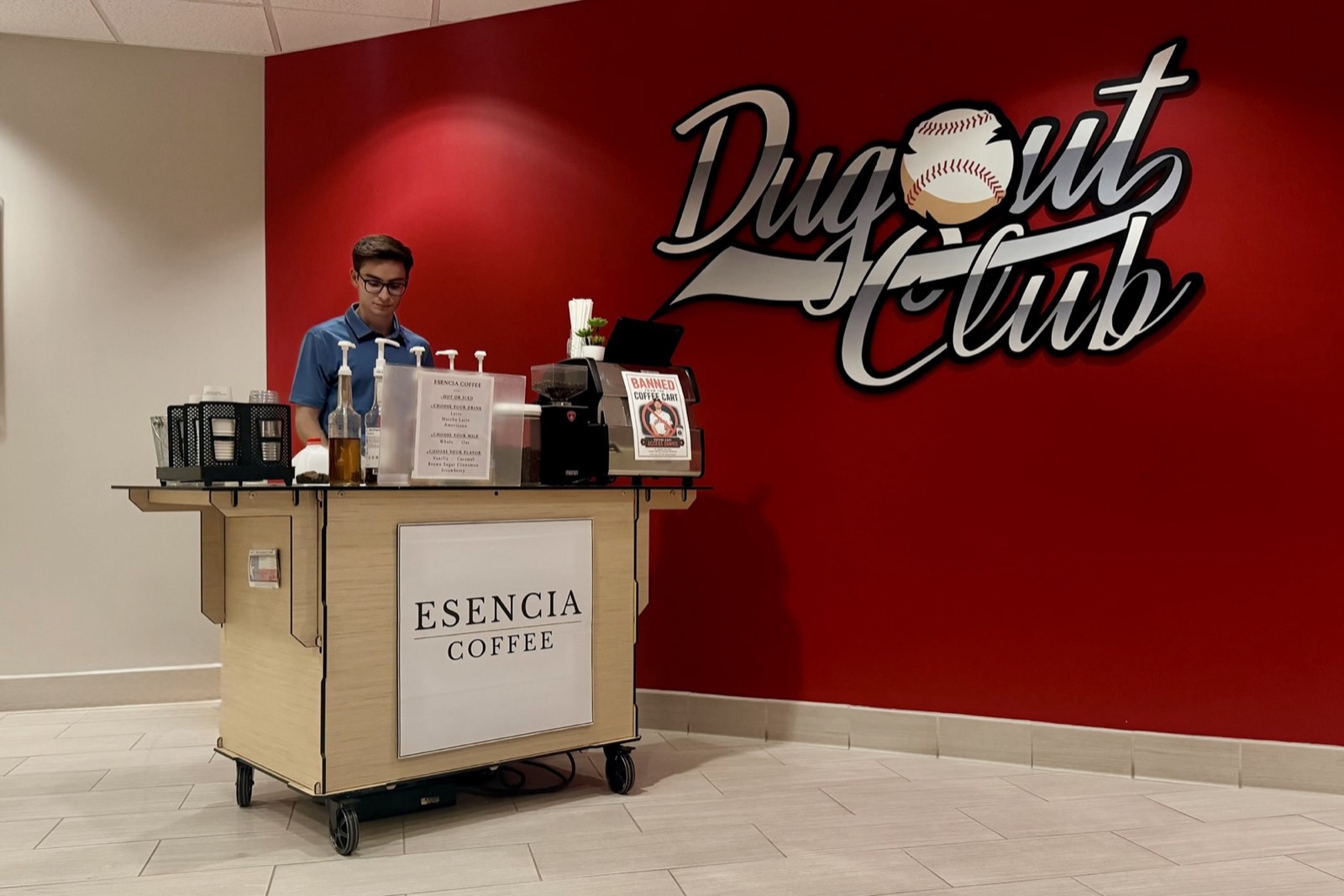 Esencia Coffee espresso cart serving guests in the Dugout Club at Southwest University Park, home of the El Paso Chihuahuas